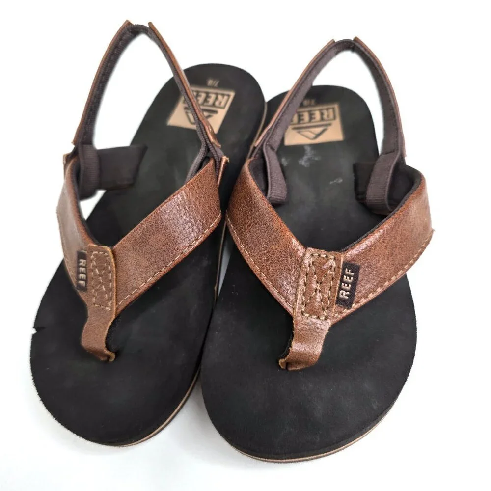 REEF boys Little Twinpin Flip-Flop Brown Leather Sling Back